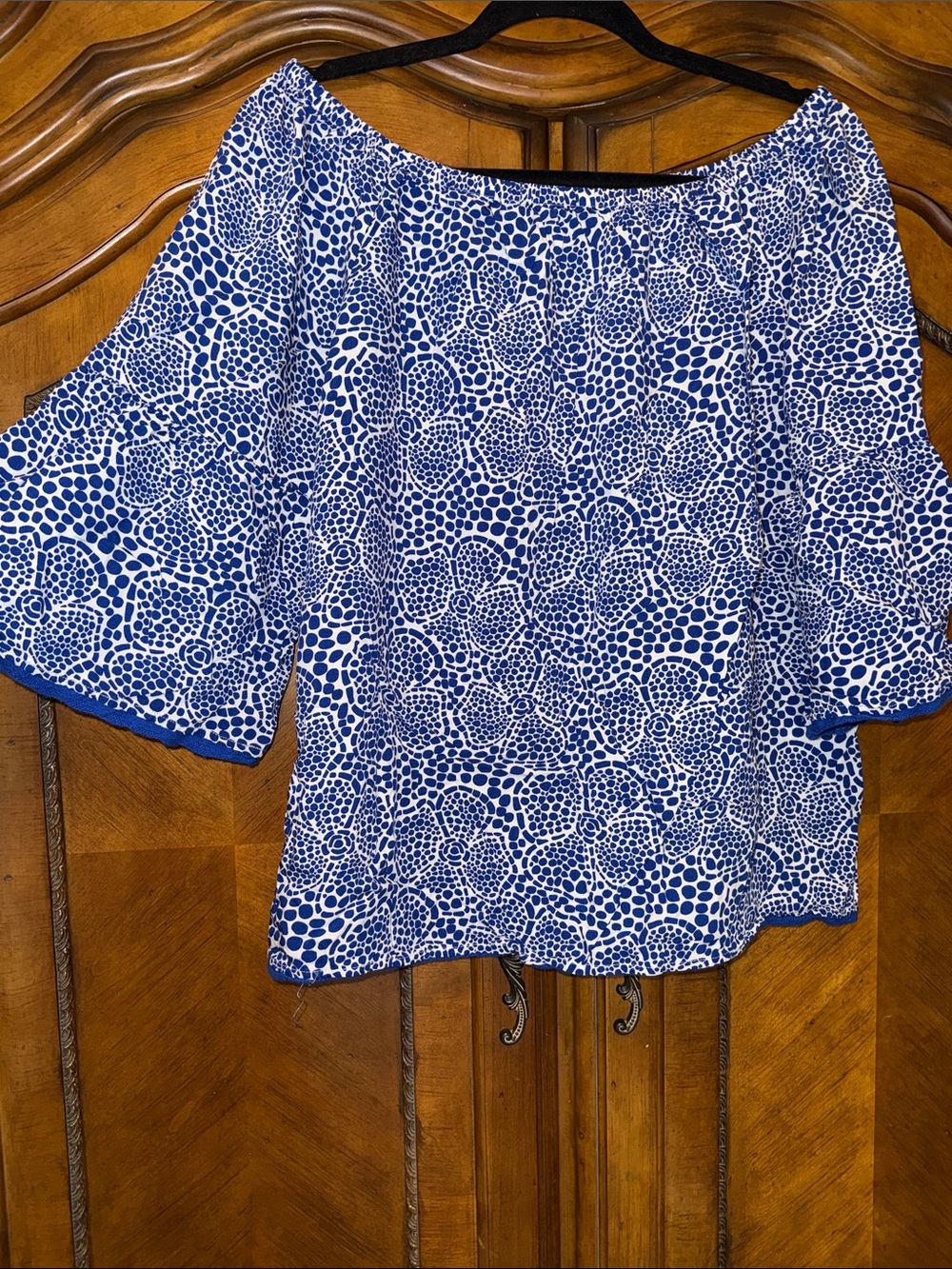 crown & ivy Blue and White Off-Shoulder Blouse